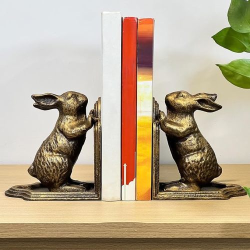 Decorative Bookends for Shelf, Cast Iron Cute Rabbit Bookshelf, Bunny Heavy Duty Book Stands Vintage Antique Shelf Decor for Reading Enthusiasts 2 Pcs, Gold
