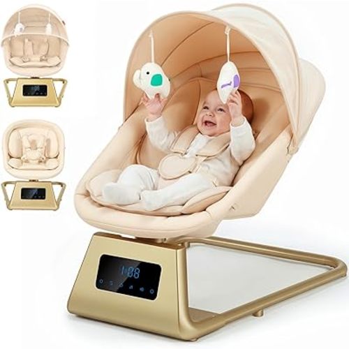 Pamo Babe Portable Baby Swing - Electric Baby Rocker with Cry Detection, 5 Swing Speeds, Bluetooth & Remote Control, Adjustable Backrest, Indoor & Outdoor Swing Chair for Newborn Babies - Beige