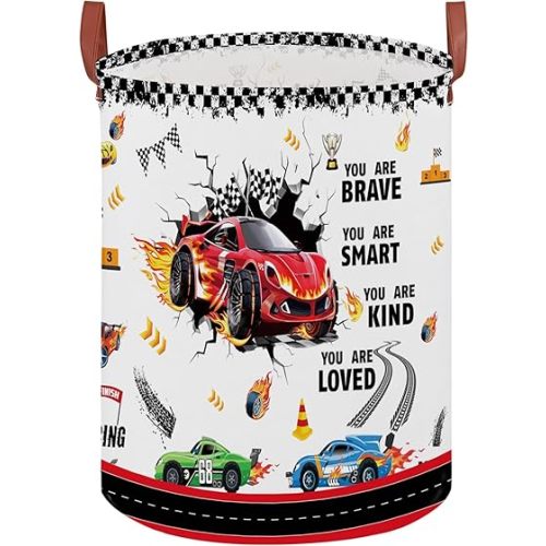 XHWZOF Race Car Room Decor Laundry Basket,Waterproof Car Themed Storage Bins for Boys,Collapsible Kids Nursery Hamper with Race Car Parking Sign(Round)