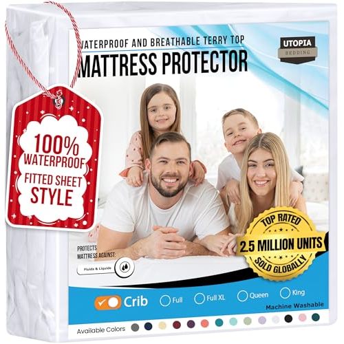 Utopia Bedding Waterproof Mattress Protector Crib Size, Premium 200 GSM Terry Mattress Cover, Soft & Breathable Bed Cover, Fitted Sheet Style with Stretchable Deep Pockets 5" (White)