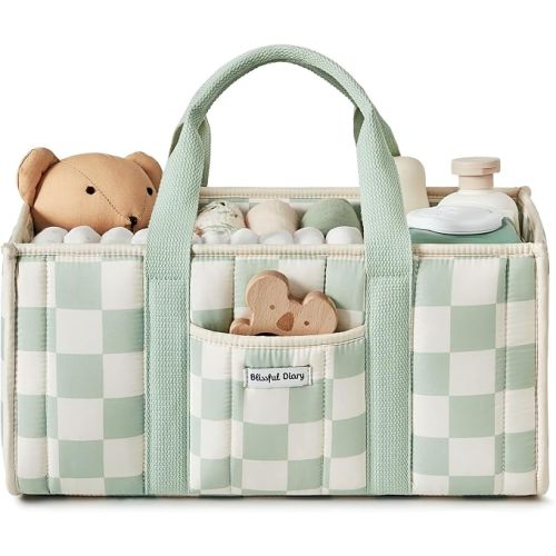 Blissful Diary Checkered Diaper Caddy Organizer, Storage Basket, Sage Green