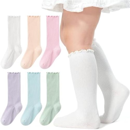 HONGTEYA 6 Pairs Baby Knee High Socks Soft Elastic Ruffled Tube Socks Warm Infant Toddler Baby Girl Socks