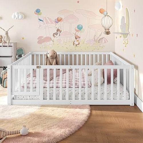Bellemave Full Size Floor Bed Frame with Door and Guardrails, Montessori Style Wood Floor Bed with Low Profile Design, Solid Pine and Plywood Platform Bed Frame for Bedroom or Playroom, White