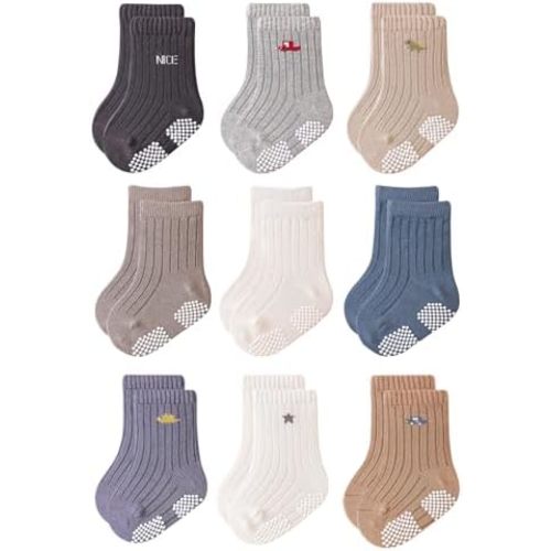 VWU Baby Toddler Socks with Grips Kids Girl Boy Crew Ankle Socks Cotton Anti Slip 0-6T 6/9 Pack (US, Age, 3 Months, 12 Months, Boy A 9 Pack)