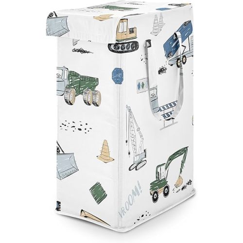 Sweet Jojo Designs Green Blue Construction Truck Boy Laundry Hamper Foldable Dirty Clothes Basket with Handles Baby Nursery Kids Bedroom Teen Bathroom Transportation Zone Vehicles Bulldozer Tractor