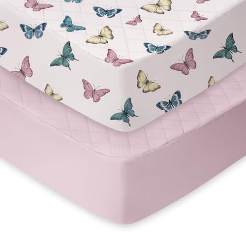 TotChill Light Quilted Crib Sheets 2 Pack, Soft Fitted Sheets for Standard Crib and Toddler Mattresses, Pink Butterfly