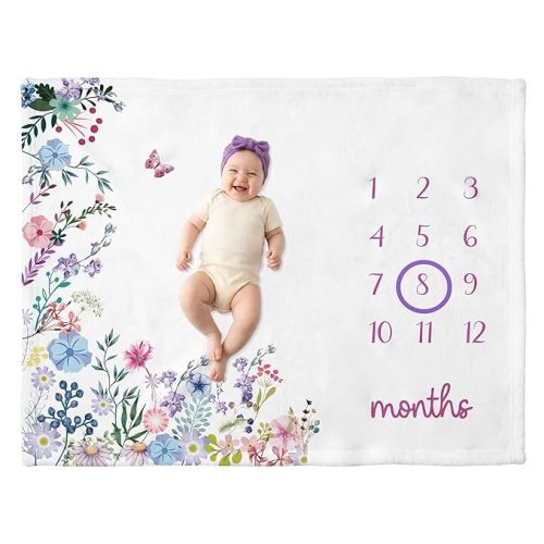 Baby Monthly Milestone Blanket 50" x 40" – Plush Fleece Watercolor Floral Photo Backdrop, Wrinkle Free Baby Age Month Blanket with Growth Chart Includes Marker, Wreath & Headband