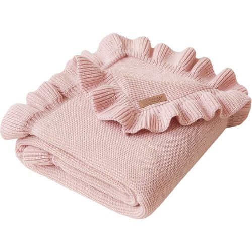 Konssy Knit Baby Blanket with Ruffle Edge, Ultra-Soft Receiving Baby Blankets for Girl, Boy, Nursery Swaddle Wrap for Newborns, Boho Stroller Cover & Registry Gift (Pink)