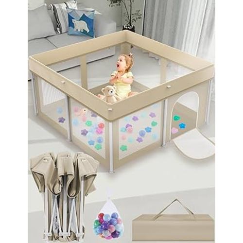 Foldable Playpen 50x50, Foldable Ultra-Portable Baby Playpen, Instantly Deployed in Three Seconds, Safe Baby Playard with Soft Breathable Mesh, Perfect Activity Center for Baby's Play, Beige