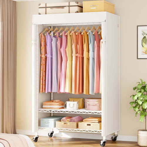 P6C Rolling Clothes Rack with Cover, Covered Clothing Racks Heavy Duty, Portable Closet for Hanging Clothes, Garment Racks on Wheels, white Closet Rack with white Cover, Max Load 365LBS