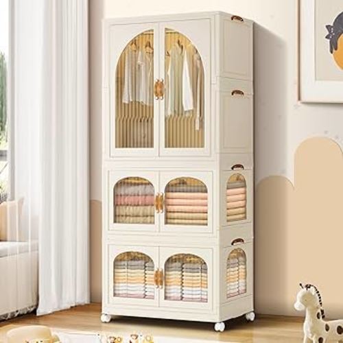 EHAMILY Portable Kids Closet Children's Wardrobe Collapsible Plastic Large Baby Clothes Cabinet Bedroom Nursery Armoire Toddler Dresser with Hanging Rod and Door Quick Install White