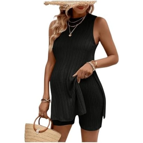 MakeMeChic Women's Maternity Pajama Set Loungewear Knit Tank Tops Biker Shorts Pregnancy Set