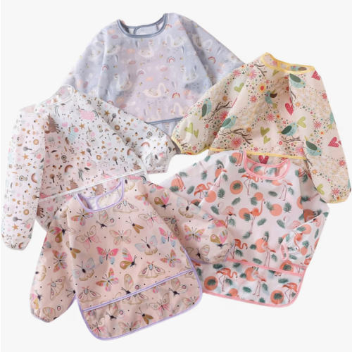 Sleeved Bib,5 Pack,Waterproof Shirt Bibs for Baby 3-24 Months Wipe Clean