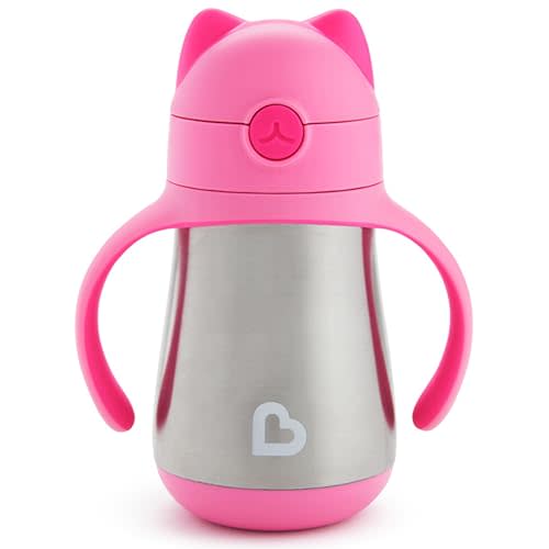 Munchkin Cool Cat Sippy Cup for Toddlers, Stainless Steel Straw Cup, 8 Ounce, Pink