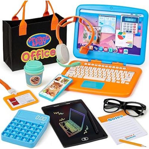 Pretend Play Home Office Set for Kids — Toy Laptop Computer, LCD Writing Tablet, Pop Fidget Calculator, Phone, Headset, Glasses, Coffee Cup & Handbag, Birthday Gifts for Boys Girls Age 3-5-7