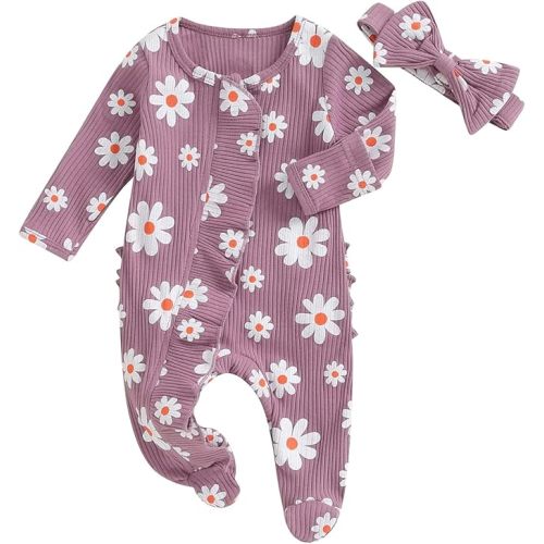 Ayalinggo Newborn Baby Girl Outfits Clothes Knit jumpsuit Ruffle Romper Newborn Coming Home Outfit for Baby Girl Fall Winter (Cable knit Mitten cuffs Purple, 3-6 Months)