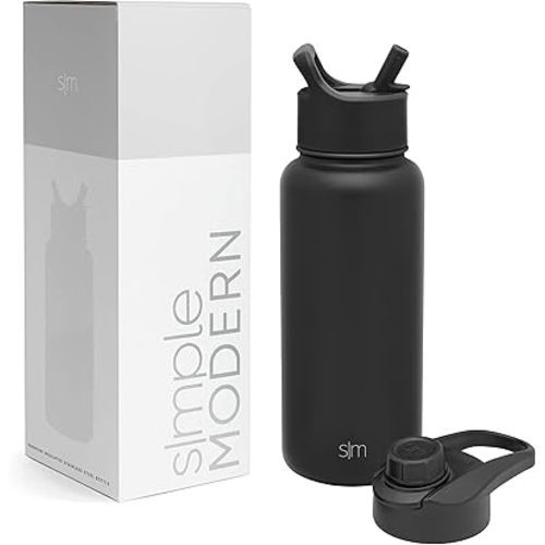 Simple Modern Water Bottle with Straw and Chug Lid Vacuum Insulated Stainless Steel Metal Thermos | Reusable Leak Proof BPA-Free Flask for Sports Gym Summit Collection 32oz, Midnight Black
