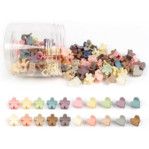 100Pcs Colorful Mini Flower Hair Clips Set, TEBIEKOY Small Hair Clips Mini Heart Hair Claw Clip Cute Jaw Clips Hair Pins Hair Barrettes Tiny Flower Hair Accessories for Women
