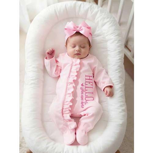 SHEIN Light Pink Newborn Girl Photography Outfit Sets Footed Jumpsuit With Bowknot Headband Autumn Hello Butterfly Embroidery Funny Graphic Family Matching | SHEIN USA
