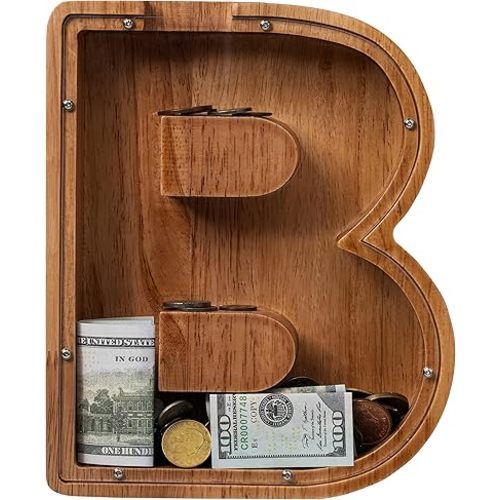 ladenk 12 Inch Extra Large Wooden Kids Letter Piggy Bank - Piggy Bank for Boys Girls - Initial B Bank - Alphabet Money Bank for Birthday