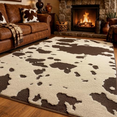 YIHOUSE Cowhide Area Rugs 5×7 Ft, Washable Plush Soft Brown and Cream Cow Rug, Non-Slip High-Low Pile Animal Carpet for Living Room, Bedroom, Dining Room, Nursery, Western Home Decor