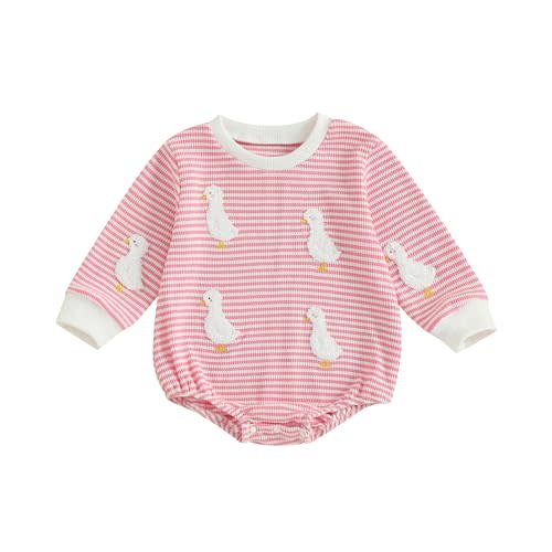 NANCHNEGGU Baby Girl Bubble Romper Fluffy Goose Embroidered Striped Ribbed Knitted Long Sleeves Oversized Bodysuit