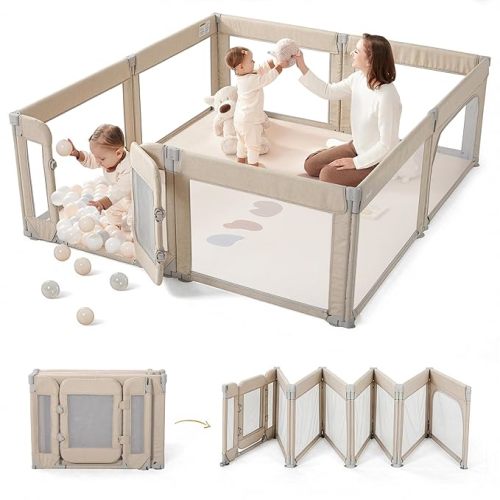 Foldable Baby Playpen, 71x59 Playpens for Babies and Toddlers Large Play Yard with Door Baby Fence with Gate and Indoor & Outdoor Play Pen, Light Khaki
