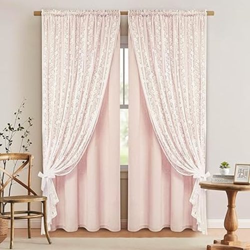 ASPMIZ Linen Pink Curtains for Bedroom, Double Layered Boho Curtain 63 Inch Length, Farmhouse Rod Pocket Curtains & Drapes with Tiebacks, Light Filtering Curtain for Living Room, 52 x 63 Inch, 2PCS