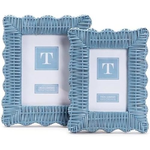 Two's Company Handmade Blue Rattan Photo Frame Set - 4x6 & 5x7 Wooden Boho Picture Frames
