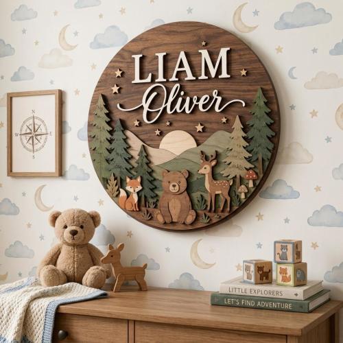Woodland Nursery Name Sign, Custom Wooden Boy Room Decor, Forest Animals Wall Art, Baby Shower Gift, Bear Deer Fox Toddler Wood Round Plaque