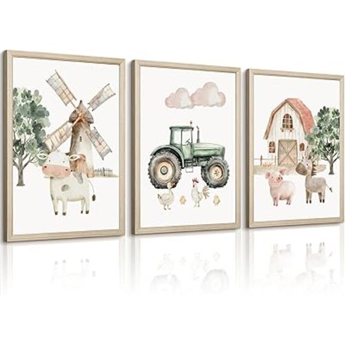 Nursery Farm Animal Wall Art Decor Baby Animal Canvas Prints Nursery Kids Farmhouse Poster Farm Cow Pig Pictures Wall Decor Green Tractor Painting Artwork for Children Bedroom 16x24 Inch Framed 3Pcs