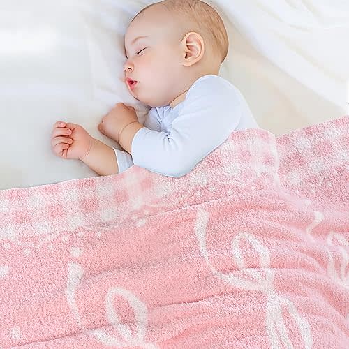 Pink Bow Baby Blanket – Soft Knitted Throw with Adorable Bow Detail for Baby Girls, Nursery Bedding & Shower Gifts – Warm & Gentle, 30x40 Inch