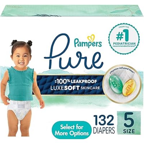 Pampers Pure Protection Diapers - Size 5, 132 Count, Hypoallergenic Unscented Disposable Baby Diapers