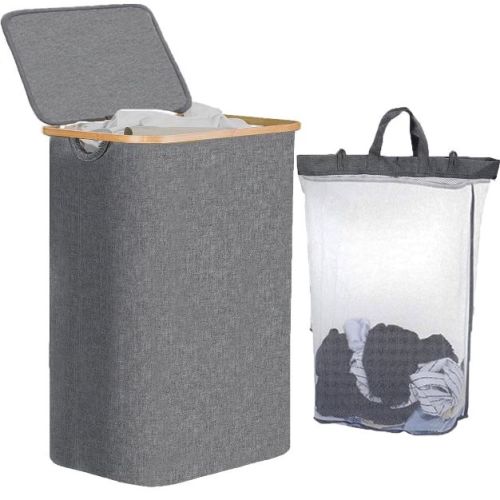 Gsluuk 105L Waterproof Collapsible Laundry Hamper with Lid & Bamboo Handles, Removable Bag, Grey