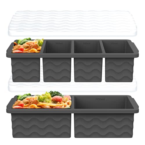 Silicone Freezer Trays with Lid for Soup, 1-Cup & 2-Cup Large Ice Cube Molds Food Storage Containers for Meal Prep, Freeze 500mL/250mL/125mL Portions – 2 Pack