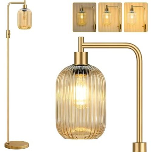【Upgraded】 Dimmable Floor Lamp for Living Room with Amber Ribbed Glass Lampshade, Gold Modern Floor Lamp with 900LM LED Bulb Included, Arc Standing Tall Lamp for Bedroom, Office, Reading Room, Corner