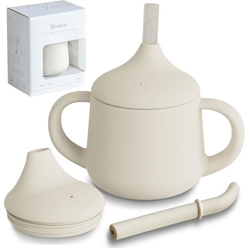 Moonkie Silicone Baby Sippy Cups | Straw Cup Baby | Toddler Cup with Straw | 3 Stages Training Cup for Baby Infants Toddlers and Kid, 4 oz(Ivory)