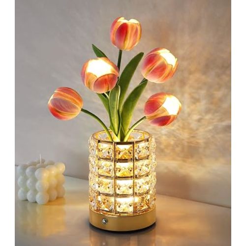 Handmade Flower Lamp,Rechargeable Cordless Touch Table Lamp,3-Colour Infinitely Dimming Small Night Light,Festival Restaurant Bedroom Bar Coffee Shop Birthday Gifts for Women Mom, Tulip Flower