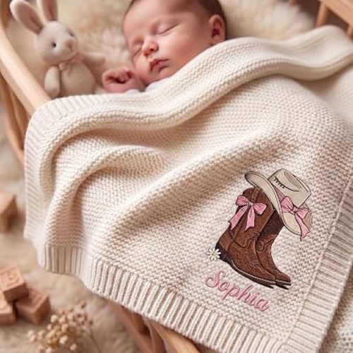 Hyturtle Cowgirl Baby Blanket Embroidered Name Western Knit Gift Girl Decor