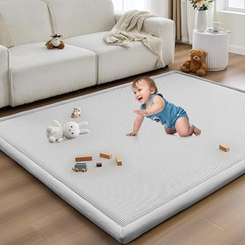 Baby Play Mat for Floor Nursery Rug Muscle Mat Area Rug Playroom Rug 50"x50" Playpen Mat Elastic Foam 1.3" Thick Crawling Mat for Babies,Toddlers, Infants, Kids,A Light Gray