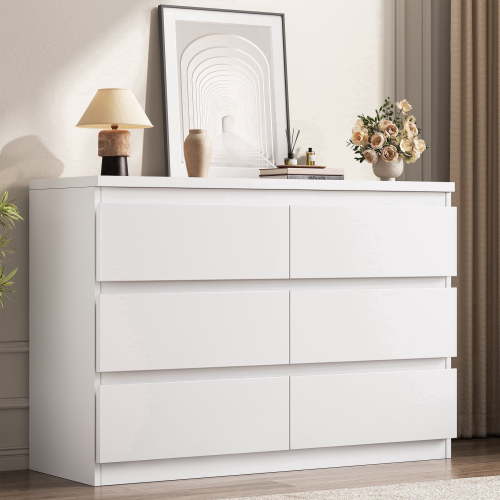 Hijob 6-Drawer Dresser, Modern White Dresser 47.3" Wide Sturdy Simply Chest of Drawers, Handle-Free Storage Organizer and Deep Drawers for Bedroom Living Room Entryway, White