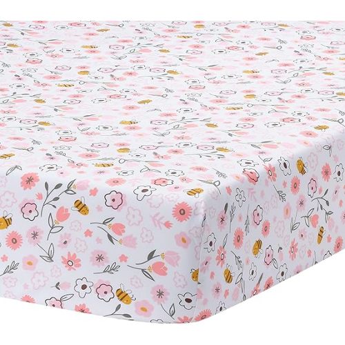 Lambs & Ivy Little Garden 100% Cotton Pink Floral Fitted Crib/Toddler Sheet