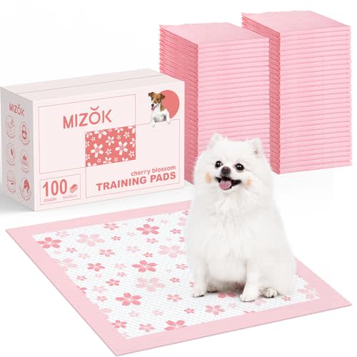 MIZOK Puppy Pads 22"x 22" with Leak-Proof Quick-Dry Design Pee Pads for Dogs Potty Training, 6-Layer Standard Absorbency Dog Pee Pads Regular Size, Pink Cherry Blossom Pattern (100 Counts)
