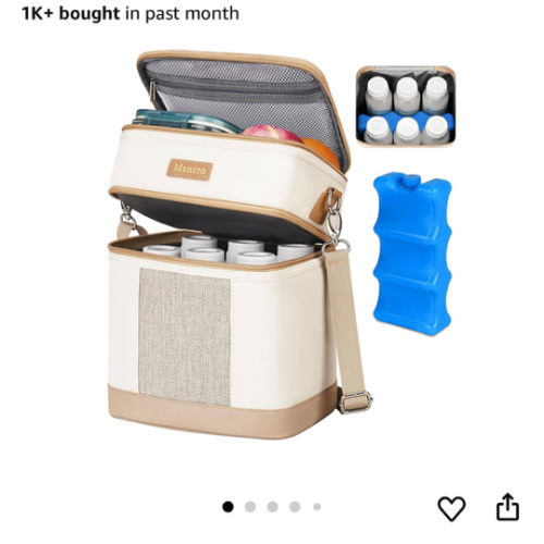 Mancro Breastmilk Cooler Bag with Ice Pack, Double Layer Insulated Baby Bottles Bag Fits 6 Bottles Up to 9 Ounces, Portable Breast Pump Cooler Travel Bag for Daycare and Nursing Moms, Beige