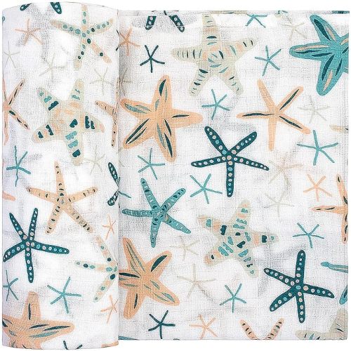 Beach Themed Baby Swaddle Blanket Neutral 100% Cotton Luxury Muslin for Newborns Baby Girls and Boys Blue Beige Starfish