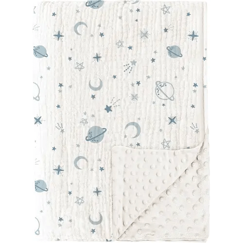 Konssy Baby Blankets for Unisex Boys Girls, Super Soft Nursery Minky Blankets with Muslin Cotton Front and Dotted Fleece Backing, Printed Bed Throws Newborn