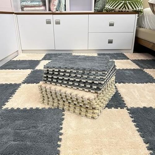 12pcs Carpet Squares Puzzle Floor Mat, Plush Interlocking Carpet Tiles, Anti Slip EVA Foam Jigsaw Floor Tiles, Build A Safe Area for Bedroom Playroom (Beige+Grey)