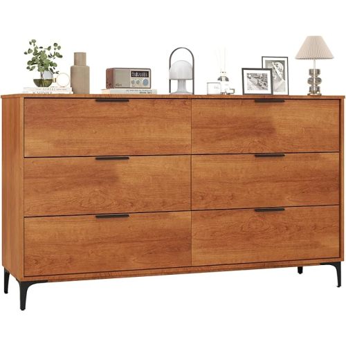 LOKO Mid Century Modern 6-Drawer Dresser, Wooden Chest of Drawers with Interlock System, 59" Wide Storage Dresser for Bedroom, Living Room, Hallway, Cherry (16.5" D x 59" W x 35" H)