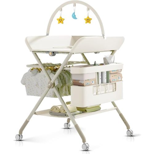 QMHHRJT Changing Table, Portable Baby Changing Table with Wheels, Upgraded Foldable Diaper Changing Station with 5-Level Adjustable Height & Large Nursery Organizer Storage for Newborn Infant (Beige)