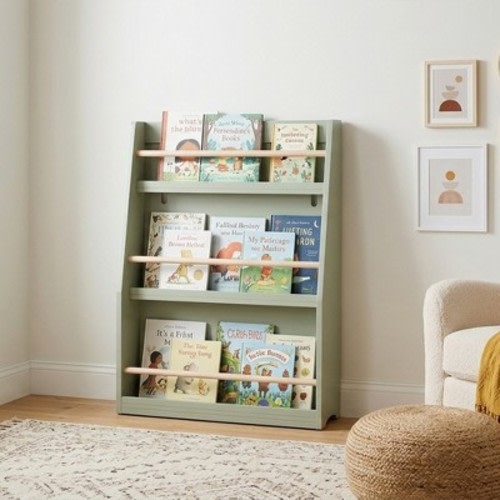 3‑Tier Kids Front‑Facing Bookshelf, Toddler Book Display Rack with Wooden Anti‑Fall Rails, Children Book Organizer for Playroom Nursery Bedroom